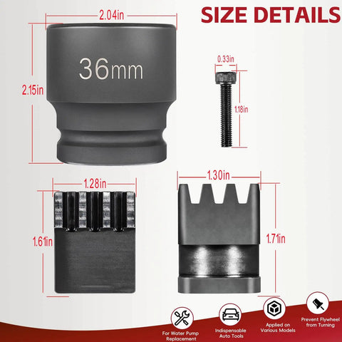 Size details of Duramax Flywheel Locking Tool Kit with 36mm harmonic balancer socket and 3/4 inch drive components.