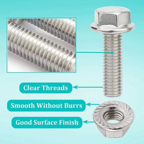 Close-up of 6Pcs M10x1.5 40mm Stainless Steel Flange Exhaust Bolts Nuts Kit showing thread detail and hex head fastener parts.