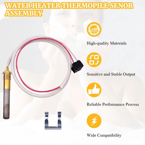 Thermopile sensor assembly 750mV with white and red wires and brass tip for Rheem Ruud Richmond gas water heaters