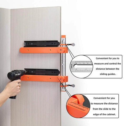 Drawer Slide Jig For Cabinets And Drawers With Laser Engraved Double Scale Markings Precision Tool For Fast And Accurate Installations Perfect For DIYers And Pros Keeps Cabinet Slides Aligned And Installations On Point in use on cabinet