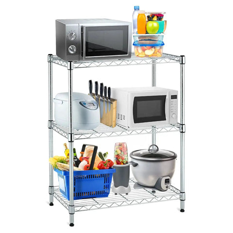 Metal shelving unit with kitchen appliances and food items, showing stability using 72 Pcs Wire Shelf Clips for 1 Inch Posts.