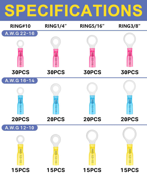 Heat shrink insulated ring terminals set; pink, blue, yellow insulation; 30pcs AWG22-16, 20pcs AWG16-14, 15pcs AWG12-10.