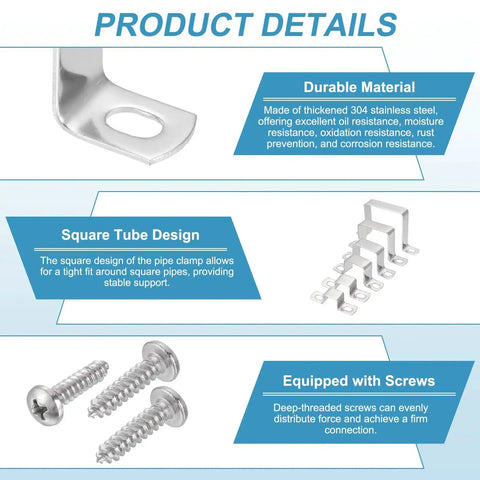 Product details showing Square Pipe Clamp Set Six Pcs 70x70mm 304 Stainless Steel U Shaped Connector Brackets and screws.