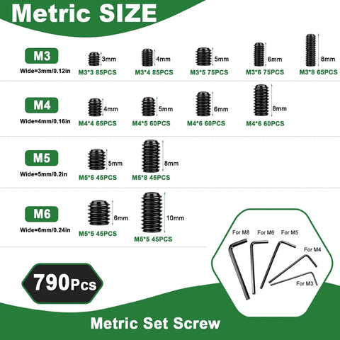 Chart of metric sizes for 1305-Piece Set Screw Kit With 26 Sizes, Metric M3 To M8, hex wrenches displayed at bottom right.