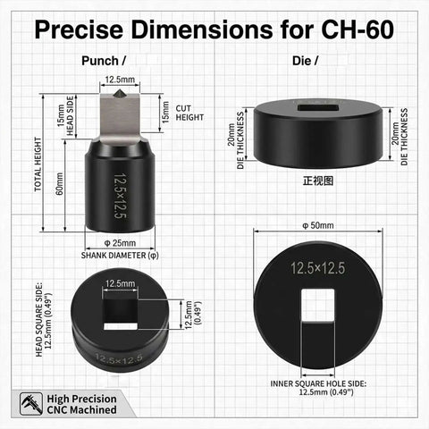 Heavy Duty Hydraulic Punch Die Set For Square Hole 8.5x8.5mm, High Carbon Steel Punch And Die Mold dimensions for CH-60