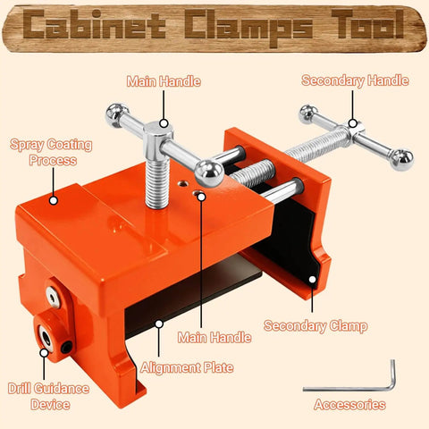 Four Pack Heavy Duty Face Frame Cabinet Clamps With Alignment Plate for woodworking and cabinet installations, orange.