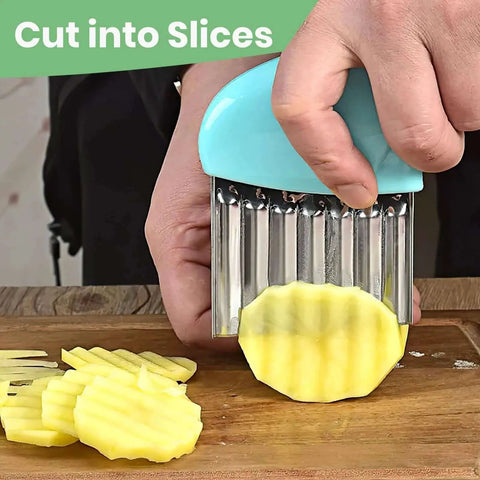Person using Two Pack Stainless Steel Crinkle Cutter Set For Veggies And Butter, Wavy Cutter For Potatoes Carrots Cucumbers Lettuce Fruits