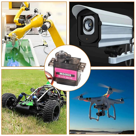 Collage showing MG90S Micro Servo Set For RC Projects Dope Eight 9G Steering Gears with applications in drones, cars, robots, and surveillance.
