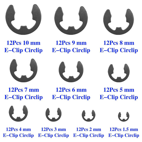 Must Have E Clip Kit 120Pcs External Circlips Snap Rings Set 1.5mm to 10mm sizes in display, carbon steel, for bearings gears pulleys.
