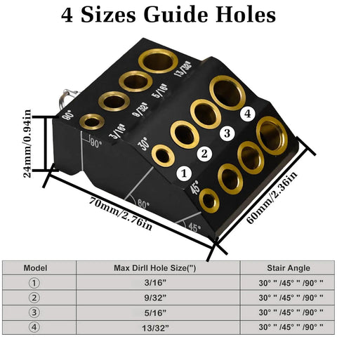 Image showing a 30 45 90 Degree Drill Guide for Hand Drills, portable metal drill jig with four guide hole sizes in aluminum and copper.
