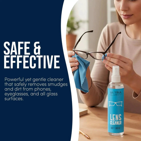 Person cleaning glasses with Eyeglass Lens Cleaning Spray Kit With Microfiber Cloths For Glasses on a table