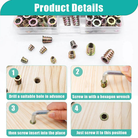 100Pcs Wood Threaded Inserts Kit In Six Sizes M4x8 M4x10 M5x10 M6x10 M6x15 M8x20 Hex Socket Drive Furniture Cabinet Screws shown with installation steps.
