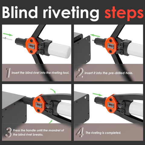 Steps for using Dual Function Rivet Nut Tool Kit With 405 Rivet Nuts Blind Rivets 15 Mandrels And 5 Nozzles shown in sequence.