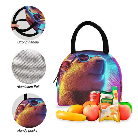 Colorful animal-themed insulated lunch bag with strong handle, aluminium foil lining, handy pocket, fruits, and snacks displayed.