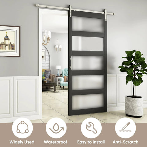 Glass Barn Door 42x96 Inch with 5-Panel Frosted Glass, solid wood frame, black finish, nickel sliding hardware.