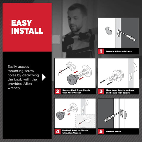 Installation steps for Pismo Interior Round Privacy Door Knob With Lock In Gunmetal Finish, including screw instructions.