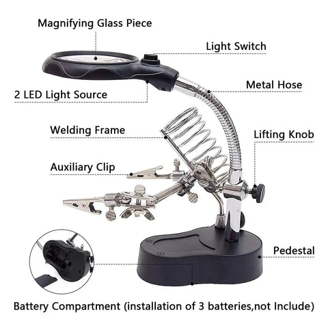 3.5X12X Helping Hands Soldering Station With LED Light And Alligator Clips, Magnifier Stand For PCB Repair