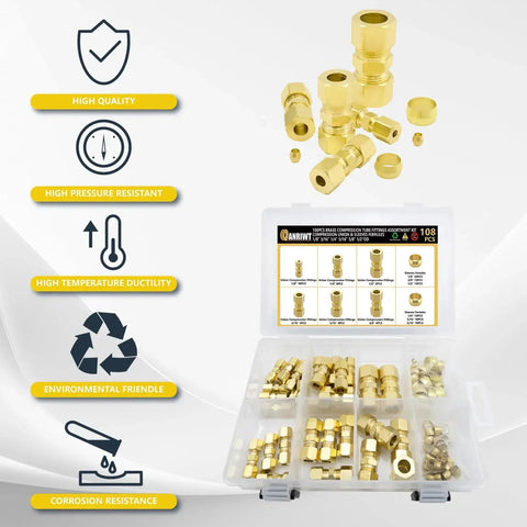 108 Piece Brass Compression Fittings Kit For Pipe And Tubing, assorted connectors and sleeves, CA360 brass in storage box
