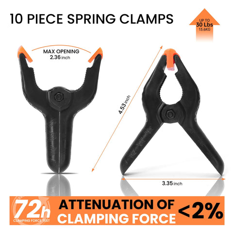 ECY Spring Clamps, heavy-duty plastic 4.5-inch with orange tips and non-slip pads (10-pack)