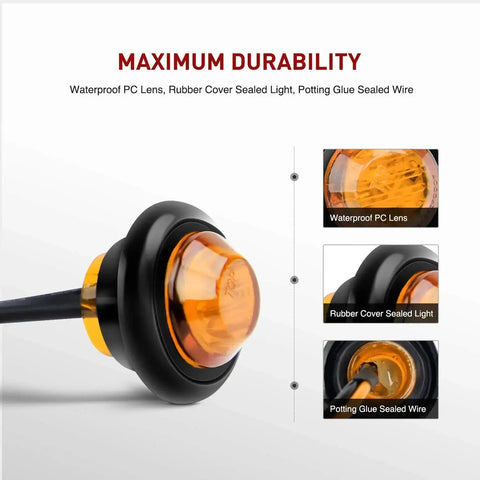10-Pack Compact 3/4 Inch Round Clearance LED Marker Lights Kit For Truck, RV, Car, Bus, Trailer, And Boat Amber 12V waterproof design