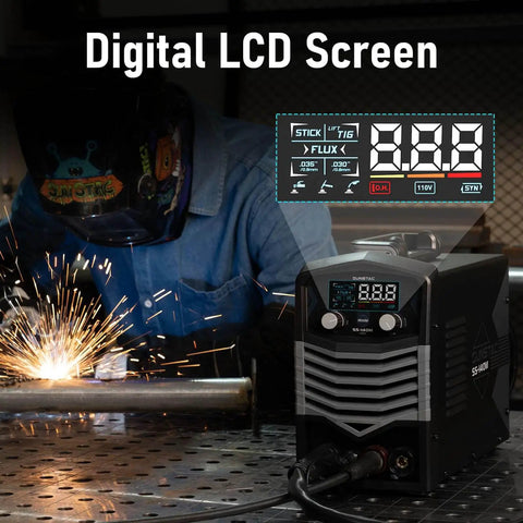Welding with MIG Welder 140A 110V 3 In 1 Flux Core Stick And Lift TIG Gasless Inverter with digital display in workshop