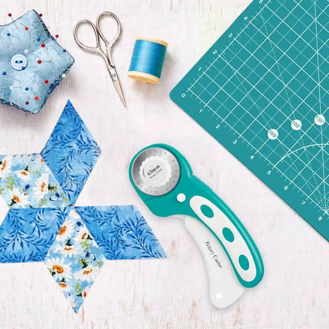 All In One 45mm Rotary Cutter Set For Sewing And Quilting With 5 Extra Blades, A3 Cutting Mat, Quilting Ruler in Turquoise