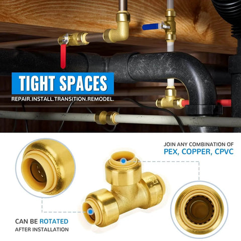 Half Inch Push To Connect Tee Fittings Pack Of 2 No Lead Brass Tee Connector For PEX Copper And CPVC Plumbing UPC And CUPC Certified ASSE 1061 NSF ANSI 61