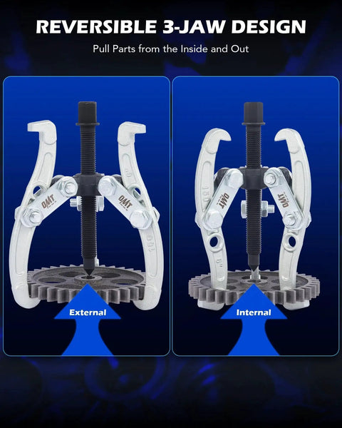 Three Jaw Gear And Bearing Puller Set With 3 Inch 4 Inch 6 Inch Sizes showcasing reversible jaws for external and internal gear removal.