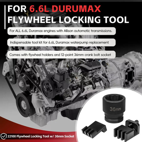 Duramax Flywheel Locking Tool Kit With 36mm Harmonic Balancer Socket And 3/4 Inch Drive For 6.6L Duramax Diesel With Allison Transmissions Water Pump Replacement And Flywheel Holder For 2500 And 3500 showing socket and flywheel parts