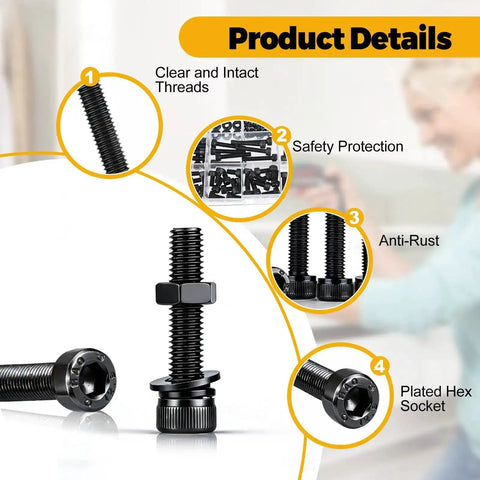 Close-up view of 260 Piece M5 Screw Kit With Bolts Nuts Washers And Hardware Set, 12.9 Alloy Steel Plated Hex Socket Head Screws.