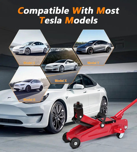 Image showing compatible Tesla models with a floor jack. Focus keyword: 4 Pcs Pucks Floor Jack Pads For 2016 To 2025 Models 3 Y S X With Storage Bag.