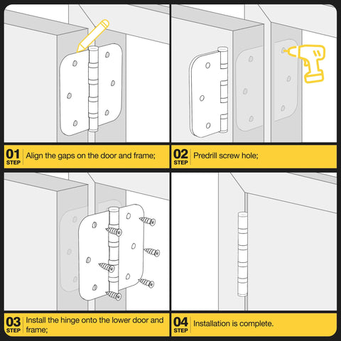 KOLET 3.5-inch ball bearing door hinges, brushed nickel finish, 3-pack; step-by-step installation illustration.