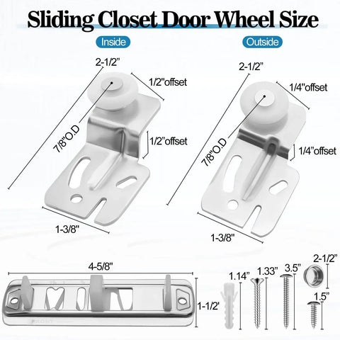 Sliding Closet Door Roller Kit With Floor Guide For Top Hung Wardrobe Doors Replacement Hardware Includes Track And Adjustable Guides Fits Three Quarters Of An Inch To One And Three Eighths Inches Doors diagram