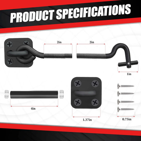 Product specifications of Adjustable 6 To 10 Inch Cabin Hook Eye Latch Gate With Heavy Duty 4 Point Bracket showing dimensions and screws