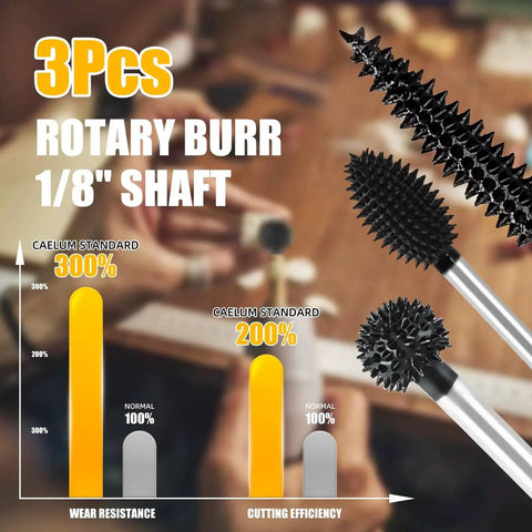 3 Piece Rotary Burr Set With One Eighth Inch Shaft Die Grinder Bits For Woodworking Carving And Engraving In Wood Rubber And Plastic Compatible With Dremel Foredom DeWalt Milwaukee And Other Brands Beast Carbide Bits For Quick Material Removal shown with wear resistance and cutting efficiency charts