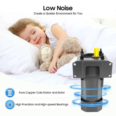 250W 110V AC Gear Motor With Variable Speed Controller shown with low noise feature description