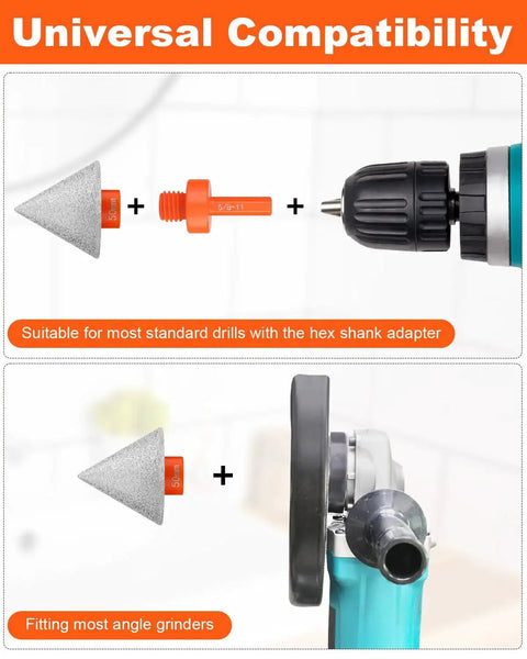 Pro Grade 3 Piece Diamond Beveling Chamfer Bit Set With 5 8 11 Thread Adapter compatible with drills and angle grinders