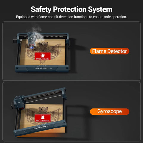 12W Desktop Laser Engraver For Wood, Leather, Acrylic And More, 300x300mm Work Area, safety features with flame detector and gyroscope.