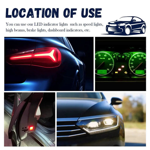 Images showing usage of Five Pack 6mm Car LED Indicator Lights 12V With 147mm Wire IP66 in various vehicle light settings.