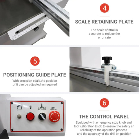 Close-up of scale retaining plate, positioning guide plate, and control panel on Pro Grade Pneumatic Hinge Drilling Machine For Furniture And Cabinet Installations 110V Upward Punching Single Head 0-50mm Drill Depth Heavy Duty Woodworking Tool 1.5KW Without 48-6 Drill Kit.