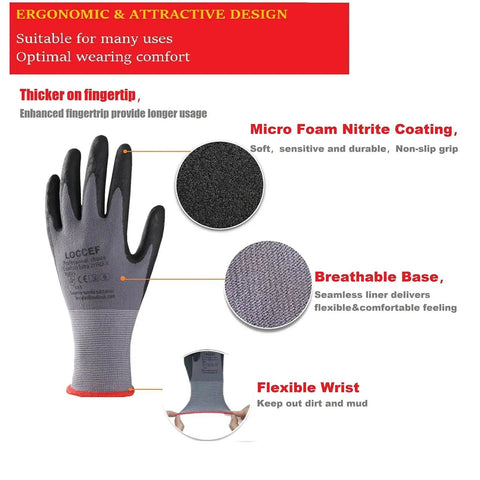 Illustration of MicroFoam Nitrile Coated Work Gloves 12 Pairs Size M Seamless Knit Nylon Grip features and materials.