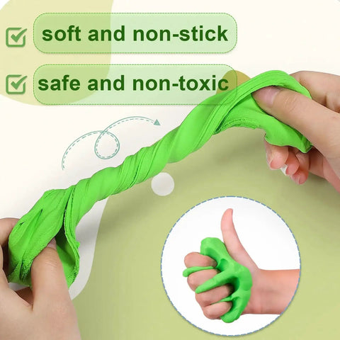 Air Dry Clay Kit For Kids With 158 Colors And Sculpting Tools showing green non-toxic clay being stretched