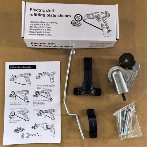 Beast Drill Nibbler Sheet Metal Cutter Attachment, components with electric drill fitting plate shears box and instructions