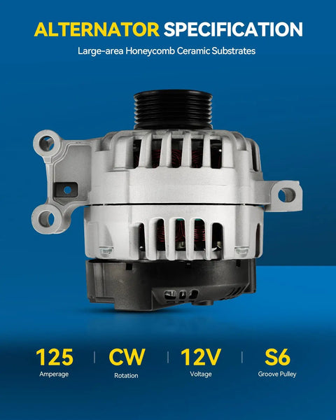 Front view of Alternator Compatible With Chevy Colorado 07-12 2.9L And 3.7L, Hummer H3 07-10 3.7L, H3T 09-10, Canyon 07-12 2.9L 3.7L, 12V 125Amp CW, 6 Groove Pulley Replacement 11148N