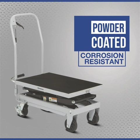 Strongway hydraulic lift table cart with white frame, black platform, 500-lb capacity, on caster wheels.