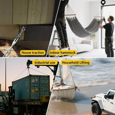 Image collage showing diverse applications of a 12.9 Heavy Duty Lifting Eyebolt For Trucks And Trailers Beefy 6 Ton Working Load Limit Thirteen Sixteenth Inch Eye Industrial Grade Forged Steel DIN580 M20 Size For Towing And Pulling Point 42CrMo Alloy Steel Forged Hardware, including house traction, indoor hammock, industrial use, and household lifting.