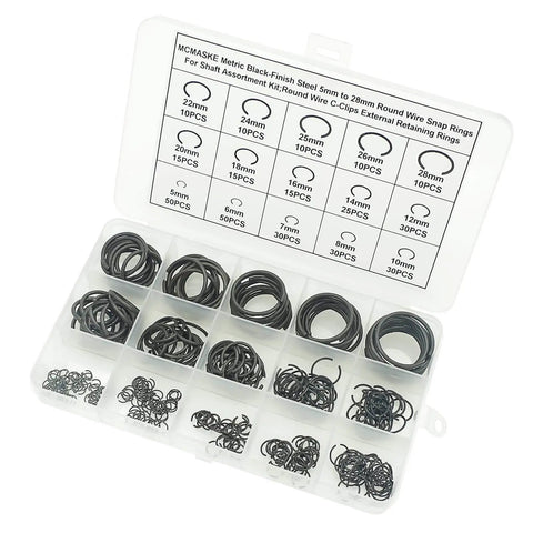 Image of Complete 340-Piece Round Wire C-Clips External Retaining Rings Assortment Kit 5mm To 28mm For Shafts Black Finish Steel Snap Ring Set.