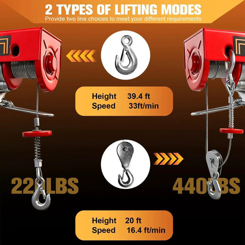 Electric Hoist 440 Lb Winch With 13 Ft Remote 38 Ft Lift For Garage And Warehouse demonstrating two lifting modes