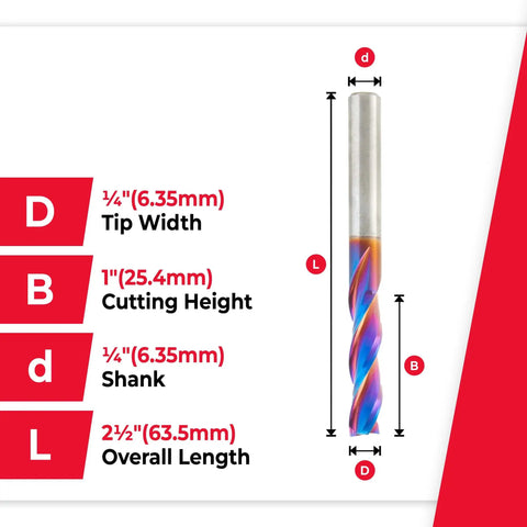 Spektra Extreme Tool Life Solid Carbide CNC Down Cut Spiral Plunge Router Bit Three Flutes For Clean Plunges And Precision Cuts One Quarter Inch Diameter One Quarter Inch Shank Two And One Half Inch Long Pro Grade Coated For Heat Resistance Built To Last, showing dimensions and blue spiral design