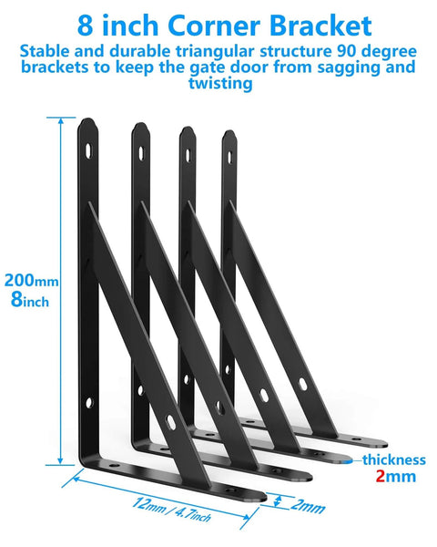 8 inch corner bracket for Gate Frame Kit With 8 Inch Hinges And Gate Latch For Wooden Shed And Barn Doors, alloy steel, black coating